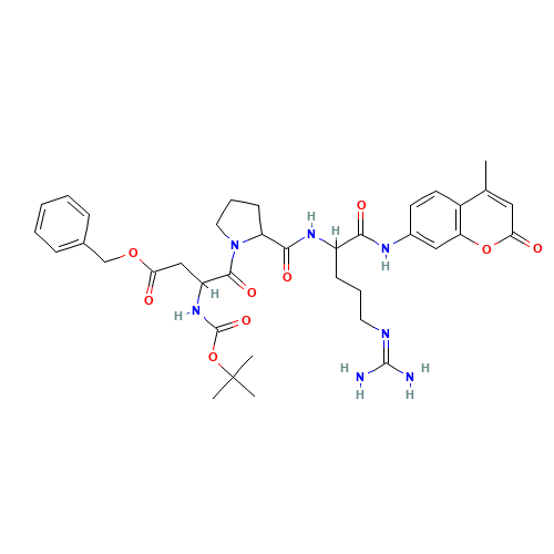 benzyl 4-[2-[[5-(diaminomethylideneamino)-1-[(4-methyl-2-oxochromen-7-yl)amino]-1-oxopentan-2-yl]carbamoyl]pyrrolidin-1-yl]-3-[(2-methylpropan-2-yl)oxycarbonylamino]-4-oxobutanoate (CAS: 113866-00-5) - Related Chemical Product