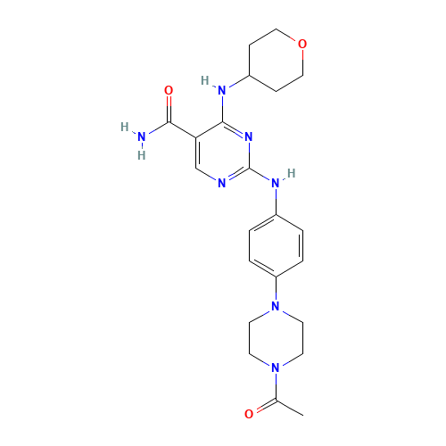 2-[4-(4-acetylpiperazin-1-yl)anilino]-4-(oxan-4-ylamino)pyrimidine-5-carboxamide (CAS: 1198300-06-9) - Chemical Structure and Molecular Formula 