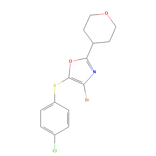 4-bromo-5-(4-chlorophenyl)sulfanyl-2-(oxan-4-yl)-1,3-oxazole (CAS: 1338918-34-5) - Chemical Structure and Molecular Formula 