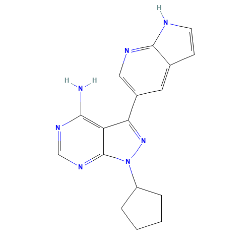 1-cyclopentyl-3-(1H-pyrrolo[2,3-b]pyridin-5-yl)pyrazolo[3,4-d]pyrimidin-4-amine (CAS: 1092788-83-4) - Chemical Structure and Molecular Formula 