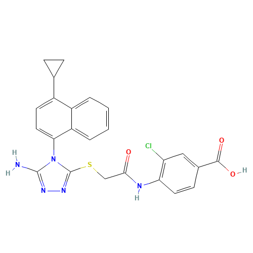 4-[[2-[[5-amino-4-(4-cyclopropylnaphthalen-1-yl)-1,2,4-triazol-3-yl]sulfanyl]acetyl]amino]-3-chlorobenzoic acid (CAS: 878672-18-5) - Chemical Structure and Molecular Formula 