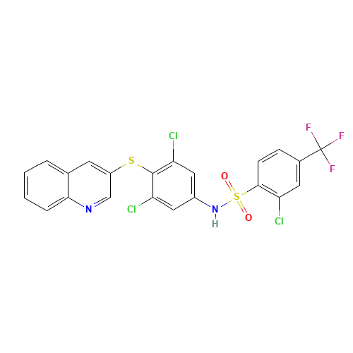 2-chloro-N-(3,5-dichloro-4-quinolin-3-ylsulfanylphenyl)-4-(trifluoromethyl)benzenesulfonamide (CAS: 315223-08-6) - Related Chemical Product