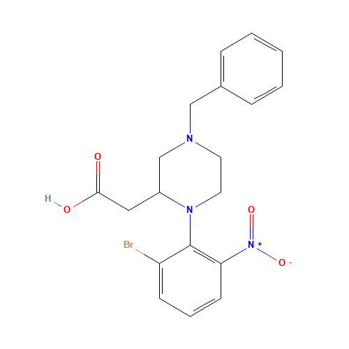 2-[4-benzyl-1-(2-bromo-6-nitrophenyl)piperazin-2-yl]acetic acid (CAS: 1252646-48-2) - Chemical Structure and Molecular Formula 