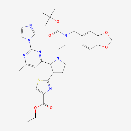ethyl 2-[1-[2-[1,3-benzodioxol-5-ylmethyl-[(2-methylpropan-2-yl)oxycarbonyl]amino]ethyl]-2-(2-imidazol-1-yl-6-methylpyrimidin-4-yl)pyrrolidin-3-yl]-1,3-thiazole-4-carboxylate (CAS: 888314-81-6) - Chemical Structure and Molecular Formula 