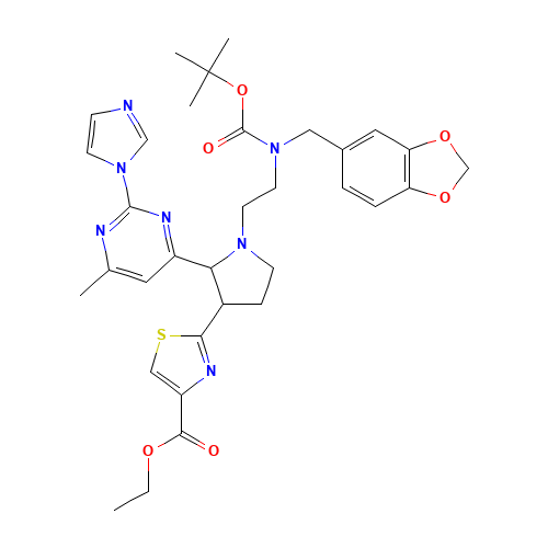 ethyl 2-[1-[2-[1,3-benzodioxol-5-ylmethyl-[(2-methylpropan-2-yl)oxycarbonyl]amino]ethyl]-2-(2-imidazol-1-yl-6-methylpyrimidin-4-yl)pyrrolidin-3-yl]-1,3-thiazole-4-carboxylate (CAS: 888314-81-6) - Related Chemical Product