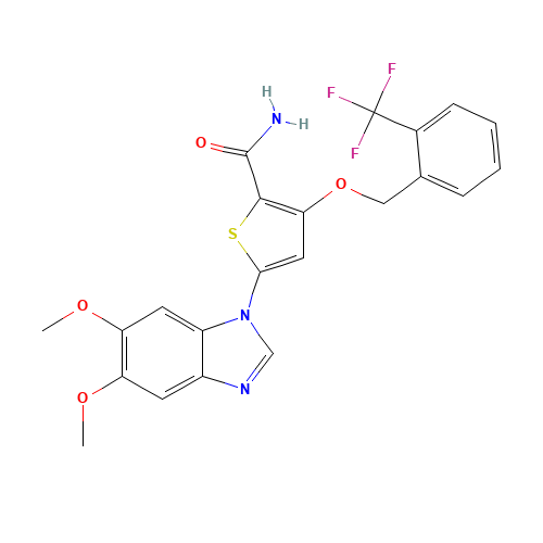 5-(5,6-dimethoxybenzimidazol-1-yl)-3-[[2-(trifluoromethyl)phenyl]methoxy]thiophene-2-carboxamide (CAS: 660868-91-7) - Related Chemical Product