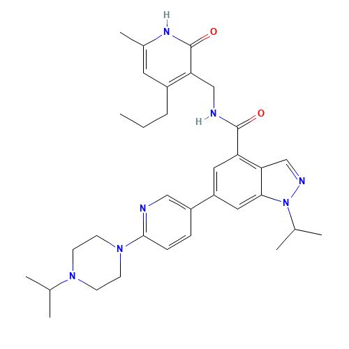 N-[(6-methyl-2-oxo-4-propyl-1H-pyridin-3-yl)methyl]-1-propan-2-yl-6-[6-(4-propan-2-ylpiperazin-1-yl)pyridin-3-yl]indazole-4-carboxamide (CAS: 1431612-23-5) - Related Chemical Product