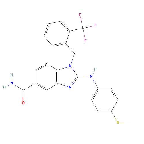 2-(4-methylsulfanylanilino)-1-[[2-(trifluoromethyl)phenyl]methyl]benzimidazole-5-carboxamide (CAS: 1092829-83-8) - Related Chemical Product