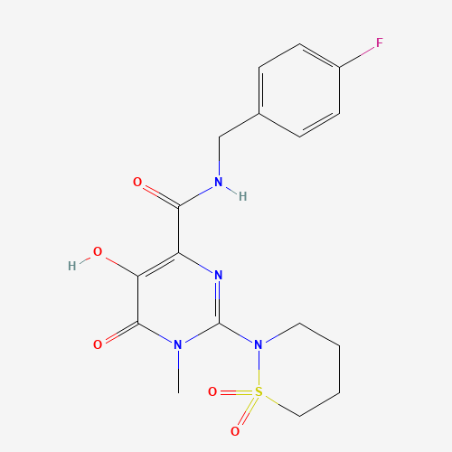 2-(1,1-dioxothiazinan-2-yl)-N-[(4-fluorophenyl)methyl]-5-hydroxy-1-methyl-6-oxopyrimidine-4-carboxamide (CAS: 729607-74-3) - Chemical Structure and Molecular Formula 