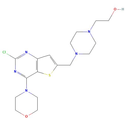 2-[4-[(2-chloro-4-morpholin-4-ylthieno[3,2-d]pyrimidin-6-yl)methyl]piperazin-1-yl]ethanol (CAS: 885675-75-2) - Chemical Structure and Molecular Formula 