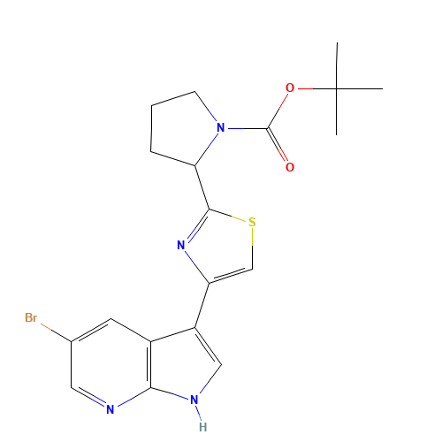 tert-butyl 2-[4-(5-bromo-1H-pyrrolo[2,3-b]pyridin-3-yl)-1,3-thiazol-2-yl]pyrrolidine-1-carboxylate (CAS: 1046793-79-6) - Chemical Structure and Molecular Formula 
