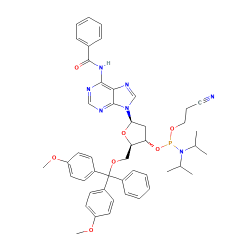 N-[9-[(2R,4S,5R)-5-[[bis(4-methoxyphenyl)-phenylmethoxy]methyl]-4-[2-cyanoethoxy-[di(propan-2-yl)amino]phosphanyl]oxyoxolan-2-yl]purin-6-yl]benzamide (CAS: 98796-53-3) - Chemical Structure and Molecular Formula 