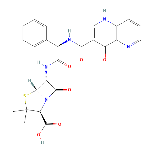 (2S,5R,6R)-3,3-dimethyl-7-oxo-6-[[(2R)-2-[(4-oxo-1H-1,5-naphthyridine-3-carbonyl)amino]-2-phenylacetyl]amino]-4-thia-1-azabicyclo[3.2.0]heptane-2-carboxylic acid (CAS: 63469-19-2) - Related Chemical Product