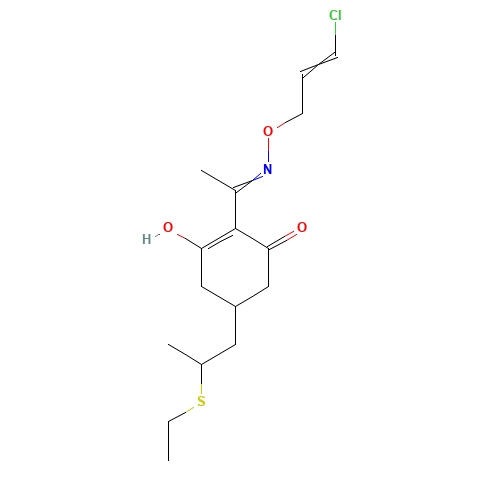 2-[1-[[(E)-3-chloroprop-2-enoxy]amino]ethylidene]-5-(2-ethylsulfanylpropyl)cyclohexane-1,3-dione (CAS: 111031-76-6) - Chemical Structure and Molecular Formula 