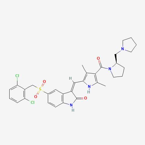 (3Z)-5-[(2,6-dichlorophenyl)methylsulfonyl]-3-[[3,5-dimethyl-4-[(2R)-2-(pyrrolidin-1-ylmethyl)pyrrolidine-1-carbonyl]-1H-pyrrol-2-yl]methylidene]-1H-indol-2-one (CAS: 477575-56-7) - Chemical Structure and Molecular Formula 