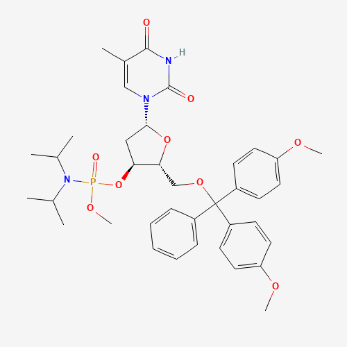 1-[(2R,4S,5R)-5-[[bis(4-methoxyphenyl)-phenylmethoxy]methyl]-4-[[di(propan-2-yl)amino]-methoxyphosphoryl]oxyoxolan-2-yl]-5-methylpyrimidine-2,4-dione (CAS: 84416-85-3) - Chemical Structure and Molecular Formula 