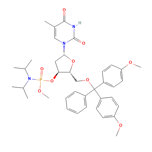 1-[(2R,4S,5R)-5-[[bis(4-methoxyphenyl)-phenylmethoxy]methyl]-4-[[di(propan-2-yl)amino]-methoxyphosphoryl]oxyoxolan-2-yl]-5-methylpyrimidine-2,4-dione (CAS: 84416-85-3) - Related Chemical Product