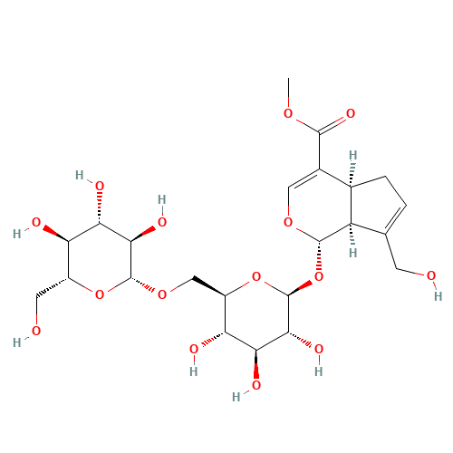 methyl (1S,4aS,7aS)-7-(hydroxymethyl)-1-[(2S,3R,4S,5S,6R)-3,4,5-trihydroxy-6-[[(2R,3R,4S,5S,6R)-3,4,5-trihydroxy-6-(hydroxymethyl)oxan-2-yl]oxymethyl]oxan-2-yl]oxy-1,4a,5,7a-tetrahydrocyclopenta[c]pyran-4-carboxylate (CAS: 29307-60-6) - Chemical Structure and Molecular Formula 