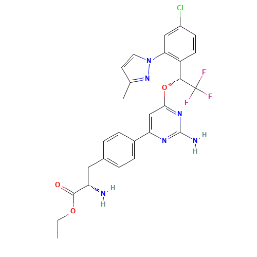 ethyl (2S)-2-amino-3-[4-[2-amino-6-[(1R)-1-[4-chloro-2-(3-methylpyrazol-1-yl)phenyl]-2,2,2-trifluoroethoxy]pyrimidin-4-yl]phenyl]propanoate (CAS: 1033805-22-9) - Chemical Structure and Molecular Formula 