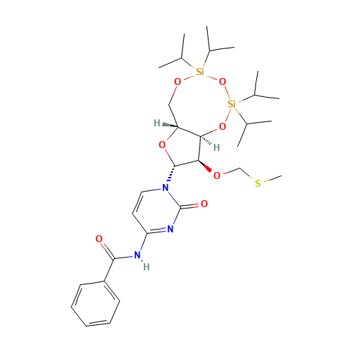 N-[1-[(6aR,8R,9R,9aR)-9-(methylsulfanylmethoxy)-2,2,4,4-tetra(propan-2-yl)-6a,8,9,9a-tetrahydro-6H-furo[3,2-f][1,3,5,2,4]trioxadisilocin-8-yl]-2-oxopyrimidin-4-yl]benzamide (CAS: 139434-68-7) - Related Chemical Product