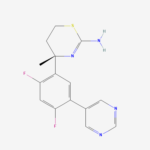 (4S)-4-(2,4-difluoro-5-pyrimidin-5-ylphenyl)-4-methyl-5,6-dihydro-1,3-thiazin-2-amine (CAS: 1194044-20-6) - Chemical Structure and Molecular Formula 