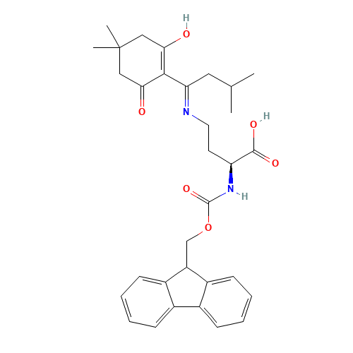 (2S)-4-[[1-(4,4-dimethyl-2,6-dioxocyclohexylidene)-3-methylbutyl]amino]-2-(9H-fluoren-9-ylmethoxycarbonylamino)butanoic acid (CAS: 607366-21-2) - Chemical Structure and Molecular Formula 
