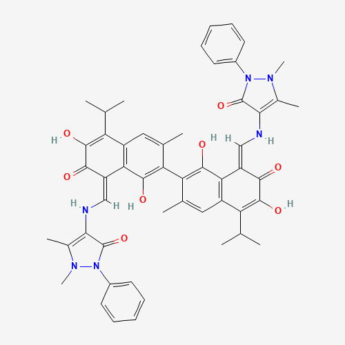 4-[[(Z)-[7-[(8Z)-8-[[(1,5-dimethyl-3-oxo-2-phenylpyrazol-4-yl)amino]methylidene]-1,6-dihydroxy-3-methyl-7-oxo-5-propan-2-ylnaphthalen-2-yl]-3,8-dihydroxy-6-methyl-2-oxo-4-propan-2-ylnaphthalen-1-ylidene]methyl]amino]-1,5-dimethyl-2-phenylpyrazol-3-one (CAS: 256493-47-7) - Related Chemical Product
