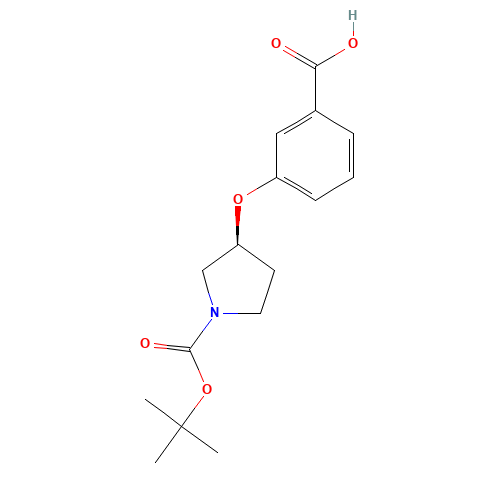 3-[(3S)-1-[(2-methylpropan-2-yl)oxycarbonyl]pyrrolidin-3-yl]oxybenzoic acid (CAS: 222987-13-5) - Chemical Structure and Molecular Formula 