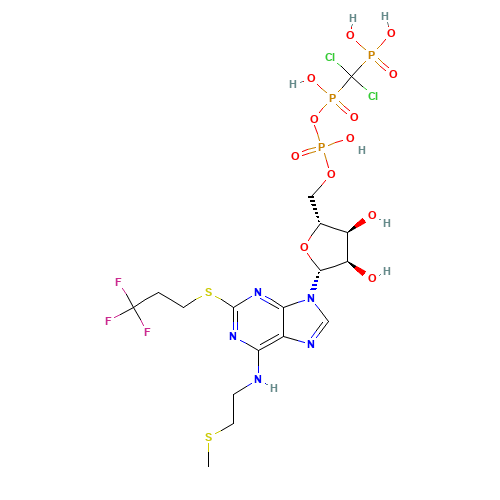 [dichloro-[[[(2R,3S,4R,5R)-3,4-dihydroxy-5-[6-(2-methylsulfanylethylamino)-2-(3,3,3-trifluoropropylsulfanyl)purin-9-yl]oxolan-2-yl]methoxy-hydroxyphosphoryl]oxy-hydroxyphosphoryl]methyl]phosphonic acid (CAS: 163706-06-7) - Chemical Structure and Molecular Formula 