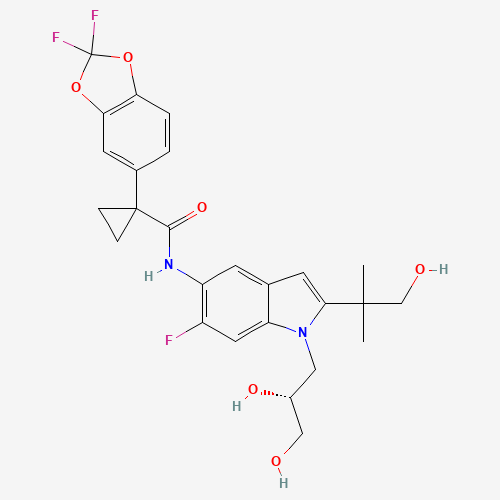 1-(2,2-difluoro-1,3-benzodioxol-5-yl)-N-[1-[(2R)-2,3-dihydroxypropyl]-6-fluoro-2-(1-hydroxy-2-methylpropan-2-yl)indol-5-yl]cyclopropane-1-carboxamide (CAS: 1152311-62-0) - Chemical Structure and Molecular Formula 