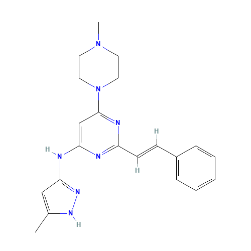 6-(4-methylpiperazin-1-yl)-N-(5-methyl-1H-pyrazol-3-yl)-2-[(E)-2-phenylethenyl]pyrimidin-4-amine (CAS: 934353-76-1) - Chemical Structure and Molecular Formula 