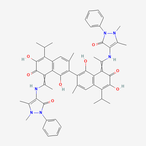 4-[[(1Z)-1-[7-[(8Z)-8-[1-[(1,5-dimethyl-3-oxo-2-phenylpyrazol-4-yl)amino]ethylidene]-1,6-dihydroxy-3-methyl-7-oxo-5-propan-2-ylnaphthalen-2-yl]-3,8-dihydroxy-6-methyl-2-oxo-4-propan-2-ylnaphthalen-1-ylidene]ethyl]amino]-1,5-dimethyl-2-phenylpyrazol-3-one (CAS: 676529-95-6) - Chemical Structure and Molecular Formula 