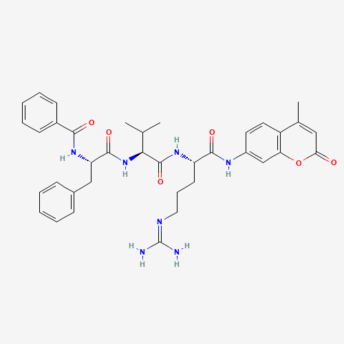 N-[(2S)-1-[[(2S)-1-[[(2S)-5-(diaminomethylideneamino)-1-[(4-methyl-2-oxochromen-7-yl)amino]-1-oxopentan-2-yl]amino]-3-methyl-1-oxobutan-2-yl]amino]-1-oxo-3-phenylpropan-2-yl]benzamide (CAS: 88899-22-3) - Chemical Structure and Molecular Formula 
