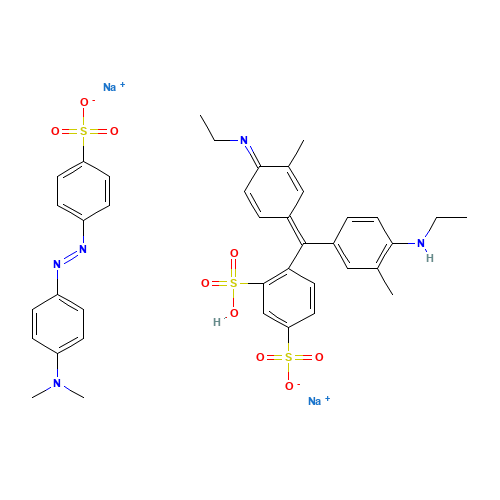 disodium;4-[[4-(dimethylamino)phenyl]diazenyl]benzenesulfonate;4-[(E)-[4-(ethylamino)-3-methylphenyl]-(4-ethylimino-3-methylcyclohexa-2,5-dien-1-ylidene)methyl]-2-hydroxy-5-sulfobenzenesulfonate (CAS: 62758-15-0) - Related Chemical Product