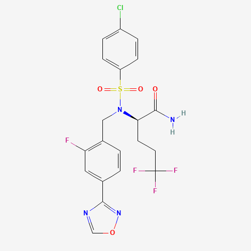 (2R)-2-[(4-chlorophenyl)sulfonyl-[[2-fluoro-4-(1,2,4-oxadiazol-3-yl)phenyl]methyl]amino]-5,5,5-trifluoropentanamide (CAS: 1146699-66-2) - Chemical Structure and Molecular Formula 