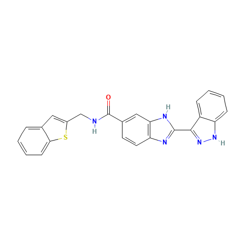 (2E)-N-(1-benzothiophen-2-ylmethyl)-2-(1,2-dihydroindazol-3-ylidene)benzimidazole-5-carboxamide (CAS: 518355-63-0) - Chemical Structure and Molecular Formula 