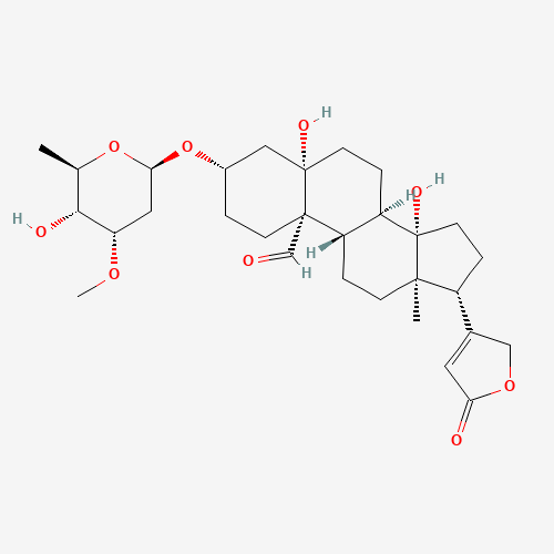 (3S,5S,8R,9S,10S,13R,14S,17R)-5,14-dihydroxy-3-[(2R,4S,5R,6R)-5-hydroxy-4-methoxy-6-methyloxan-2-yl]oxy-13-methyl-17-(5-oxo-2H-furan-3-yl)-2,3,4,6,7,8,9,11,12,15,16,17-dodecahydro-1H-cyclopenta[a]phenanthrene-10-carbaldehyde (CAS: 508-77-0) - Chemical Structure and Molecular Formula 