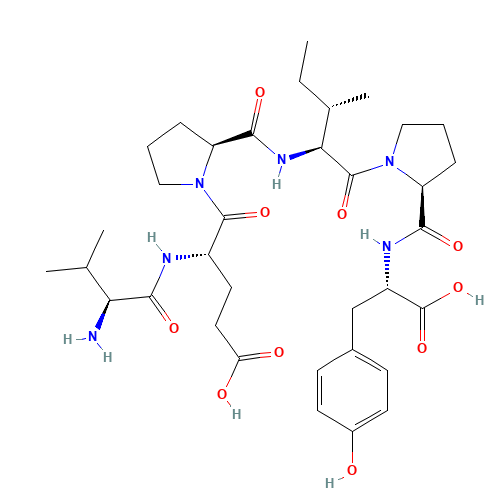 (4S)-4-[[(2S)-2-amino-3-methylbutanoyl]amino]-5-[(2S)-2-[[(2S,3S)-1-[(2S)-2-[[(1S)-1-carboxy-2-(4-hydroxyphenyl)ethyl]carbamoyl]pyrrolidin-1-yl]-3-methyl-1-oxopentan-2-yl]carbamoyl]pyrrolidin-1-yl]-5-oxopentanoic acid (CAS: 94773-24-7) - Chemical Structure and Molecular Formula 