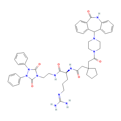 (2S)-5-(diaminomethylideneamino)-N-[2-(3,5-dioxo-1,2-diphenyl-1,2,4-triazolidin-4-yl)ethyl]-2-[[2-[1-[2-oxo-2-[4-(6-oxo-5,11-dihydrobenzo[c][1]benzazepin-11-yl)piperazin-1-yl]ethyl]cyclopentyl]acetyl]amino]pentanamide (CAS: 246146-55-4) - Chemical Structure and Molecular Formula 