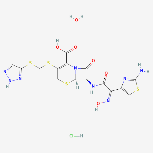 (6R,7R)-7-[[(2Z)-2-(2-amino-1,3-thiazol-4-yl)-2-hydroxyiminoacetyl]amino]-8-oxo-3-(2H-triazol-4-ylsulfanylmethylsulfanyl)-5-thia-1-azabicyclo[4.2.0]oct-2-ene-2-carboxylic acid;hydrate;hydrochloride (CAS: 154776-45-1) - Related Chemical Product
