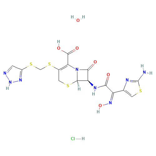 (6R,7R)-7-[[(2Z)-2-(2-amino-1,3-thiazol-4-yl)-2-hydroxyiminoacetyl]amino]-8-oxo-3-(2H-triazol-4-ylsulfanylmethylsulfanyl)-5-thia-1-azabicyclo[4.2.0]oct-2-ene-2-carboxylic acid;hydrate;hydrochloride (CAS: 154776-45-1) - Chemical Structure and Molecular Formula 