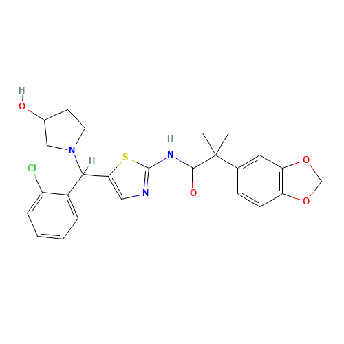 1-(1,3-benzodioxol-5-yl)-N-[5-[(S)-(2-chlorophenyl)-[(3R)-3-hydroxypyrrolidin-1-yl]methyl]-1,3-thiazol-2-yl]cyclopropane-1-carboxamide (CAS: 926664-32-6) - Chemical Structure and Molecular Formula 