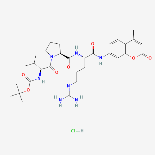 tert-butyl N-[(2S)-1-[(2S)-2-[[(2S)-5-(diaminomethylideneamino)-1-[(4-methyl-2-oxochromen-7-yl)amino]-1-oxopentan-2-yl]carbamoyl]pyrrolidin-1-yl]-3-methyl-1-oxobutan-2-yl]carbamate;hydrochloride (CAS: 70375-24-5) - Chemical Structure and Molecular Formula 
