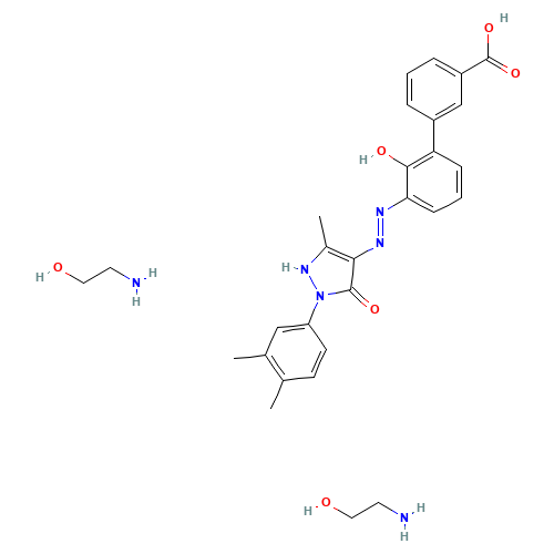 2-aminoethanol;3-[(5E)-5-[[2-(3,4-dimethylphenyl)-5-methyl-3-oxo-1H-pyrazol-4-yl]hydrazinylidene]-6-oxocyclohexa-1,3-dien-1-yl]benzoic acid (CAS: 496775-62-3) - Chemical Structure and Molecular Formula 