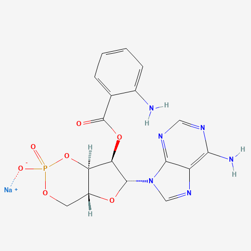 sodium;[(4aR,6R,7R,7aR)-6-(6-aminopurin-9-yl)-2-oxido-2-oxo-4a,6,7,7a-tetrahydro-4H-furo[3,2-d][1,3,2]dioxaphosphinin-7-yl] 2-aminobenzoate (CAS: 142702-29-2) - Chemical Structure and Molecular Formula 