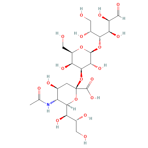 (2S,4S,5R,6R)-5-acetamido-2-[(2R,3S,4S,5R,6S)-3,5-dihydroxy-2-(hydroxymethyl)-6-[(2R,3R,4R,5R)-1,2,4,5-tetrahydroxy-6-oxohexan-3-yl]oxyoxan-4-yl]oxy-4-hydroxy-6-[(1R,2R)-1,2,3-trihydroxypropyl]oxane-2-carboxylic acid (CAS: 35890-38-1) - Chemical Structure and Molecular Formula 
