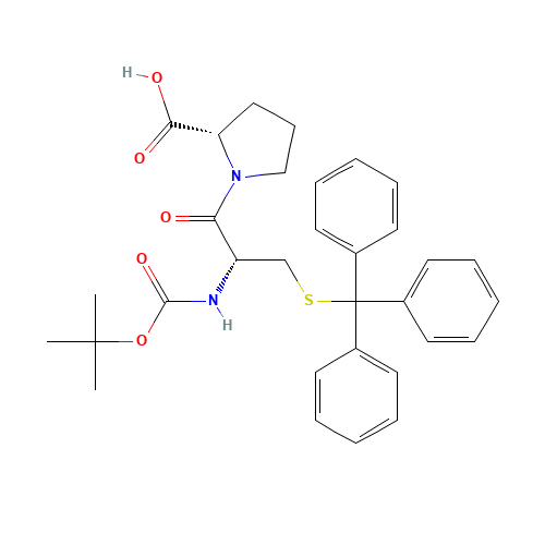 (2S)-1-[(2R)-2-[(2-methylpropan-2-yl)oxycarbonylamino]-3-tritylsulfanylpropanoyl]pyrrolidine-2-carboxylic acid (CAS: 40472-53-5) - Chemical Structure and Molecular Formula 