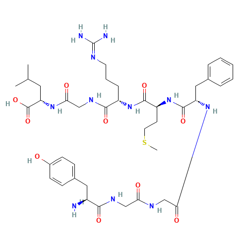 (2S)-2-[[2-[[(2S)-2-[[(2S)-2-[[(2S)-2-[[2-[[2-[[(2S)-2-amino-3-(4-hydroxyphenyl)propanoyl]amino]acetyl]amino]acetyl]amino]-3-phenylpropanoyl]amino]-4-methylsulfanylbutanoyl]amino]-5-(diaminomethylideneamino)pentanoyl]amino]acetyl]amino]-4-methylpentanoic (CAS: 80501-44-6) - Chemical Structure and Molecular Formula 