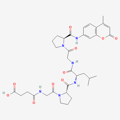 4-[[2-[(2S)-2-[[(2S)-4-methyl-1-[[2-[(2S)-2-[(4-methyl-2-oxochromen-7-yl)carbamoyl]pyrrolidin-1-yl]-2-oxoethyl]amino]-1-oxopentan-2-yl]carbamoyl]pyrrolidin-1-yl]-2-oxoethyl]amino]-4-oxobutanoic acid (CAS: 72698-36-3) - Chemical Structure and Molecular Formula 
