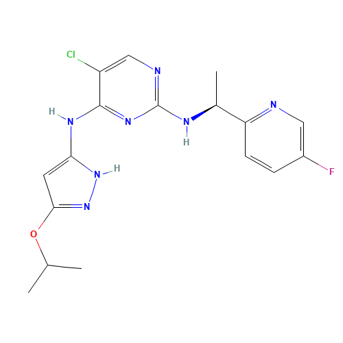 5-chloro-2-N-[(1S)-1-(5-fluoropyridin-2-yl)ethyl]-4-N-(3-propan-2-yloxy-1H-pyrazol-5-yl)pyrimidine-2,4-diamine (CAS: 915720-21-7) - Chemical Structure and Molecular Formula 